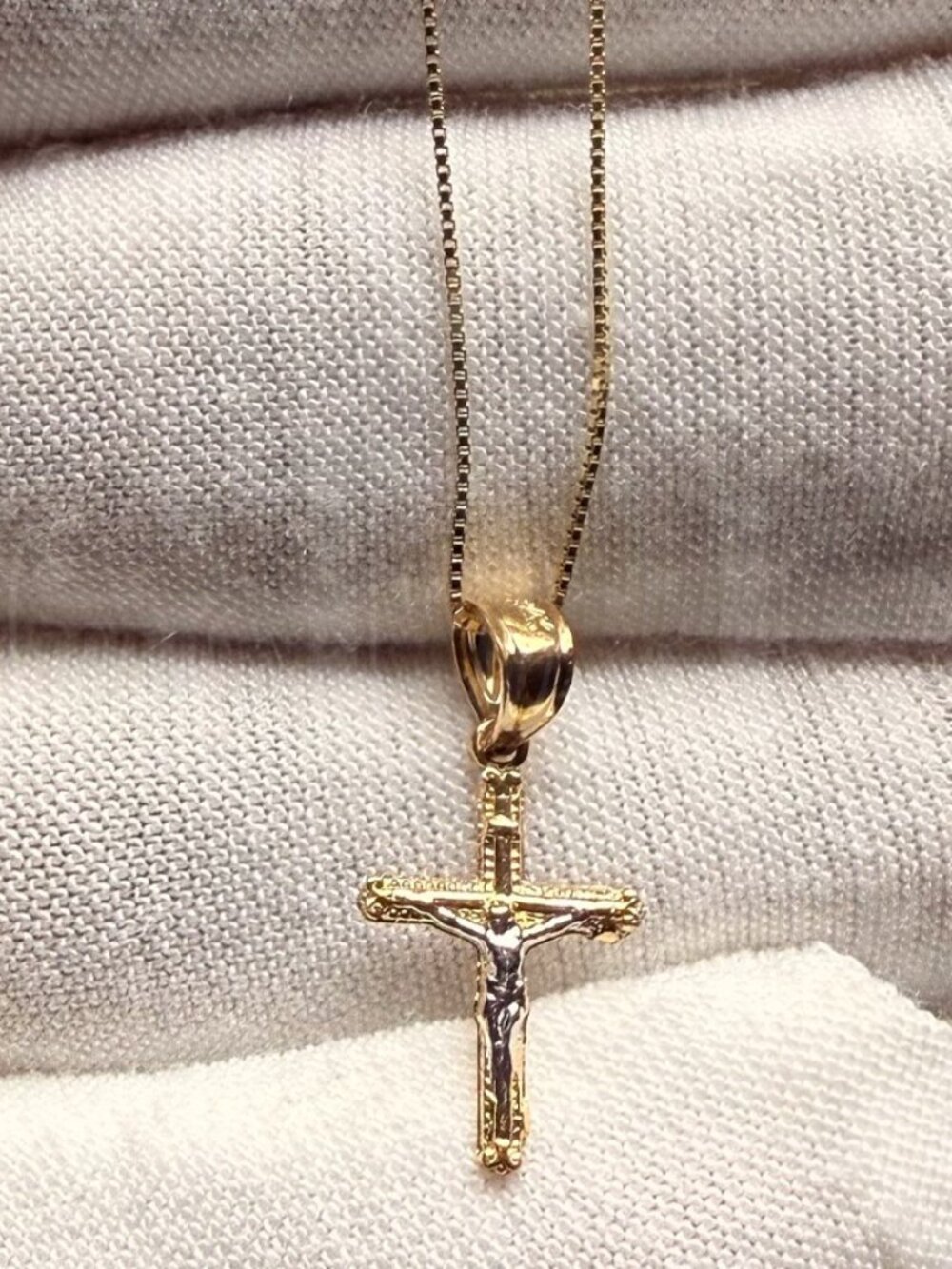 14K Two Tone Gold Tiny Crucufix Pendant With 0.8mm Box Chain - 22 inch
